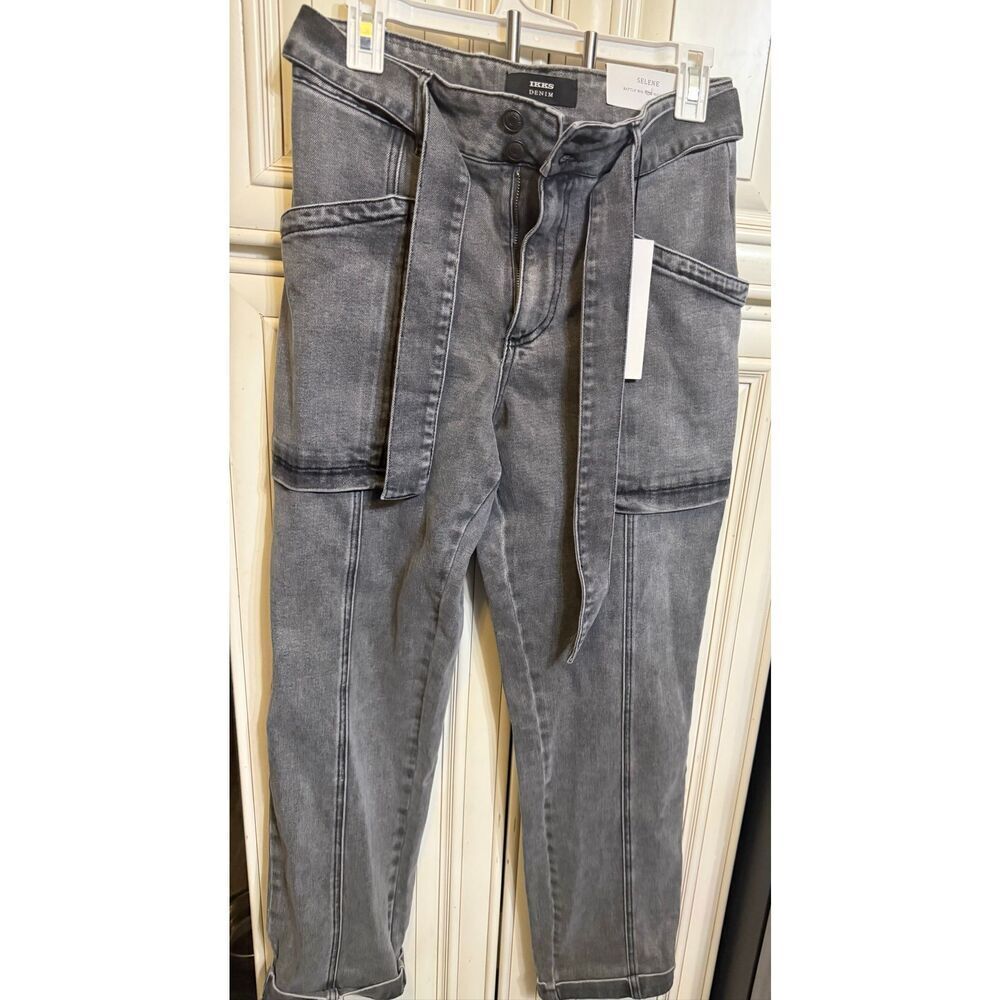 IKKS Denim Women's Selene Battle Mid High Waist 7/8 Cargo Jeans Gray Size 36 NWT